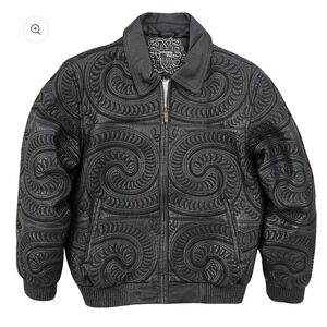 Bubble Well Vintage 90's Tribal Embroidery Black Leather Jacket Men Plus Size XL